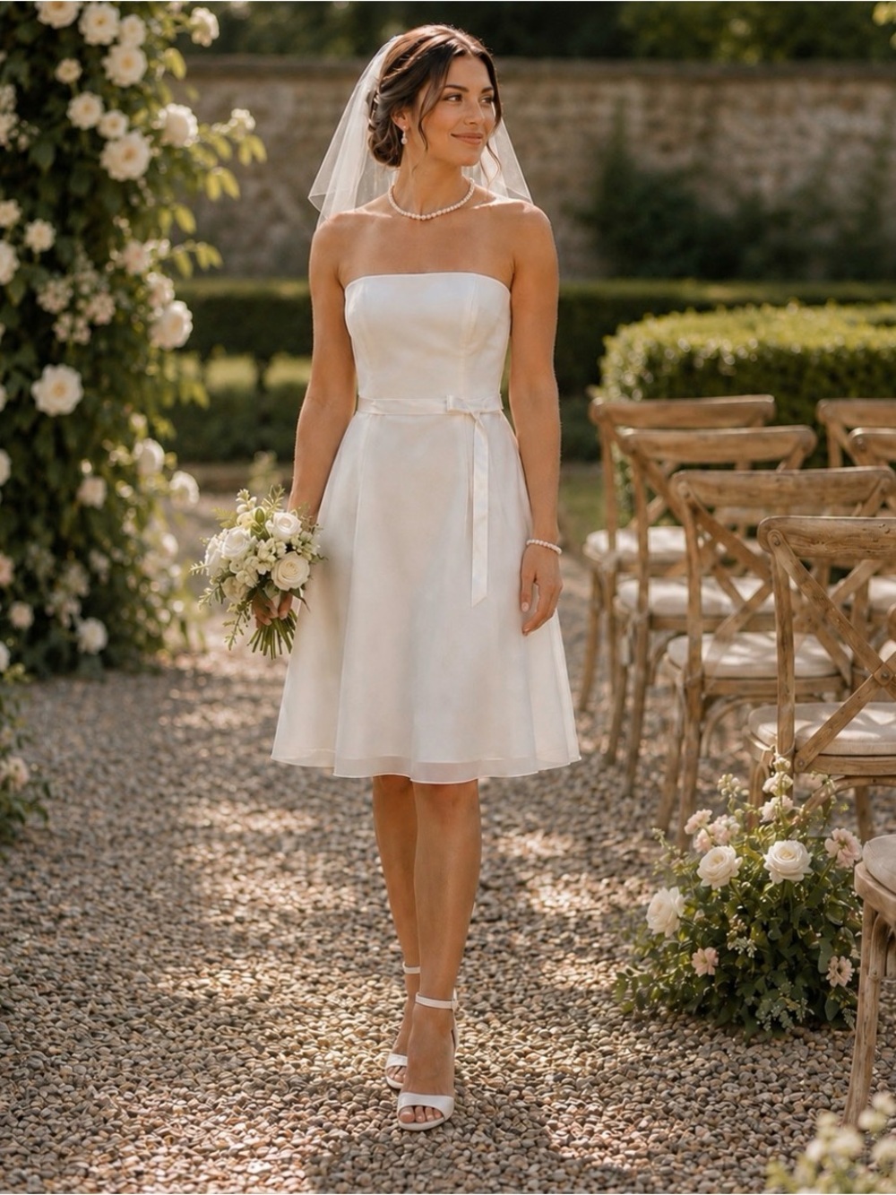 Scott McClintock Strapless Ivory Knee-Length Wedding Dress with Ribbon Waist